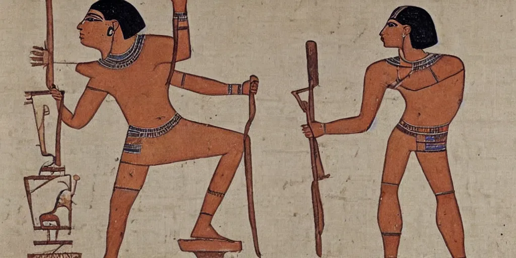 Image similar to Egyptian drawing of a man using a shake weight, ancient, photorealistic