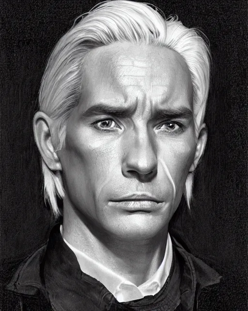 Image similar to portrait of 4 0 - year - old man with white hair with a pale complexion, pointed face and grey eyes, clear smooth face, no beard, wearing black suit and black shirt, haughty facial expression, hyper realistic face, beautiful eyes, close up, fantasy art, in the style of greg rutkowski, intricate, alphonse mucha, hyper detailed, smooth