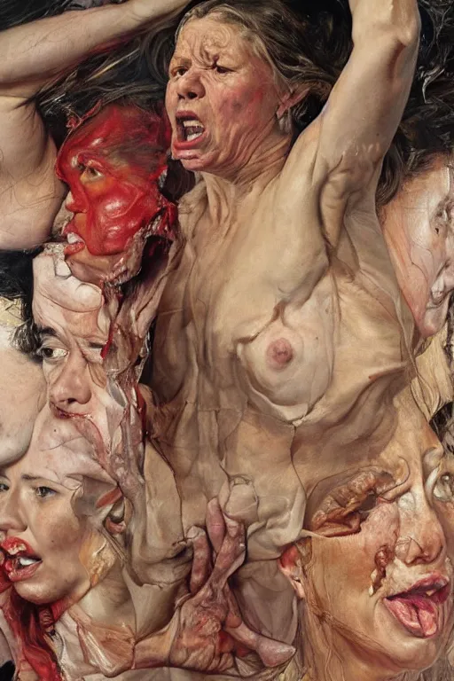 Image similar to portraits of a woman enraged, part by Jenny Saville, part by Lucian Freud, part by Norman Rockwell