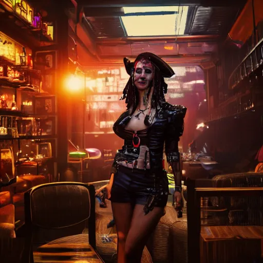 Image similar to a high quality portrait of a beautiful stunning pirate in a cyberpunk cyberpunk cyberpunk cafe, realism, 8k, award winning photo