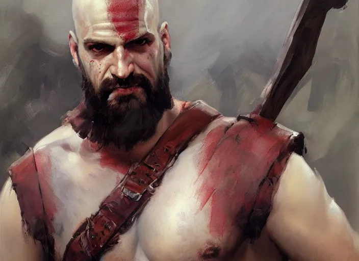 Prompt: a highly detailed beautiful portrait of gabriel boric as kratos, by gregory manchess, james gurney, james jean