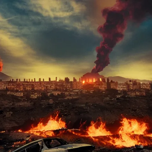 Prompt: realistic photo, destroyed city on fire with red flames in the background, calm people practicing yoga at the top of a hill in the foreground, apocalyptic atmosphere, smoke in the sky