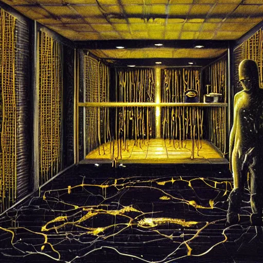 Prompt: realistic painting of a dark foggy sci-fi laboratory at night, with a zombie made of guts and veins, dripping golden shiny metalic fluid from ribcage to the floor. liquid shiny pool of gold on the floor.