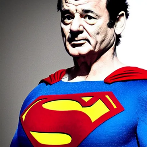 Prompt: bill murray as superman, realistic photo