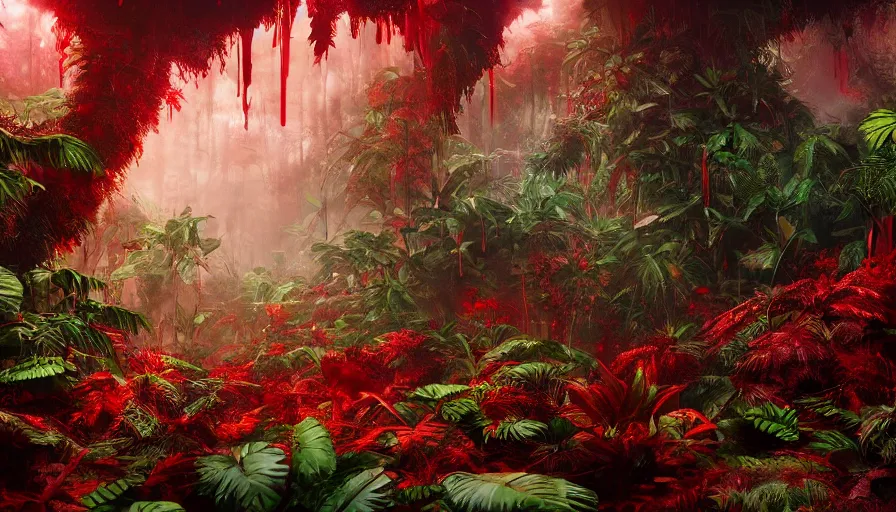 Image similar to red liquid jungle, large plants and leaves covered in red, lush but everything is dark red, beautiful crimson colored render, cinematic lighting, trending on artstation, elaborate, detailed, digital painting, elaborate matte painting