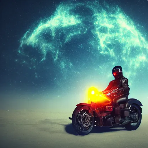 Prompt: a motorcycle floating in space inside magic colorful glowing fog, starry sky, tranquil, desolate, atmospheric, hazy, autochrome, 8k, photo, octane render, unreal engine 5