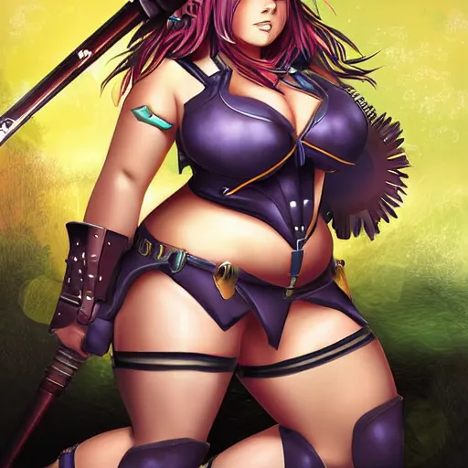 Image similar to owersize plus size anime girl warrior by Boris Valejio, high detailed digital art