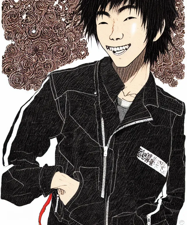 Prompt: a half / profile portrait of a happy teenage japanese man, his hair is messy and unkempt, he is wearing an embroidered leather jacket, a masterwork illustration by kim jung gi, otomo katsuhiro and terada katsuya, realistic proportions and correct anatomy