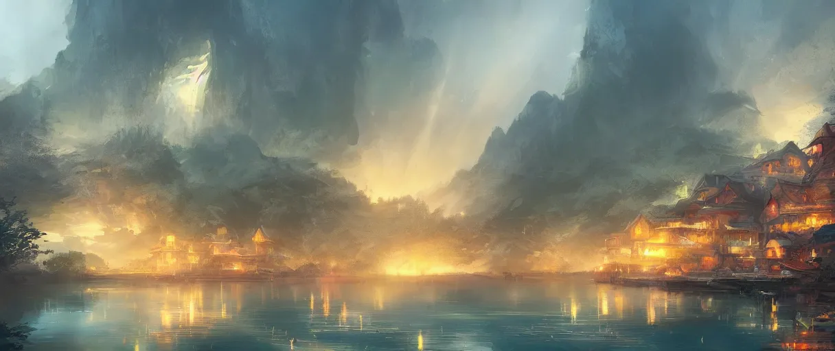 Image similar to small fishing village around a lake, concept art, digital painting, style of jordan grimmer, warm lighting, futuristic, volumetric lighting, view from below, vivid colours, bright, daytime, godrays, high detail