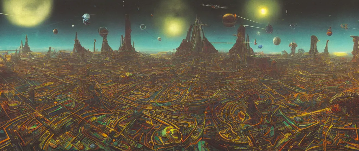 Image similar to a wide shot of a large distant hi-tech sci-fi Utopian spaceship, with a lot of bright color lights, bridges, turrets, pipes, orbiting a gas giant planet, beautiful, solarpunk, volumetric light, photography, color, intricate, extremely detailed, photorealistic, a painting by Beksinski