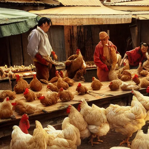 Prompt: Chickens being prepared for slaughter in an 18th century Chinese market, artwork by Craig Mullins, trending on artstation