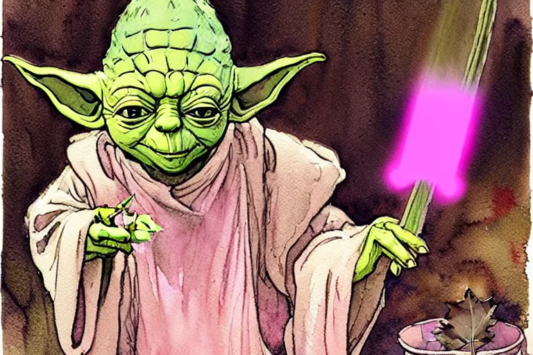 Prompt: a realistic and atmospheric watercolour fantasy character concept art portrait of yoda with pink eyes smiling and holding a blunt with a pot leaf nearby, by rebecca guay, michael kaluta, charles vess and jean moebius giraud