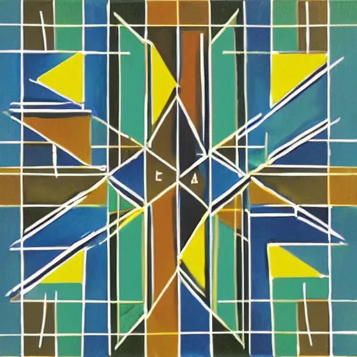 Image similar to painting, four rectangle and one triangle shapes ( colors : blue, yellow, green ), divided by black lines