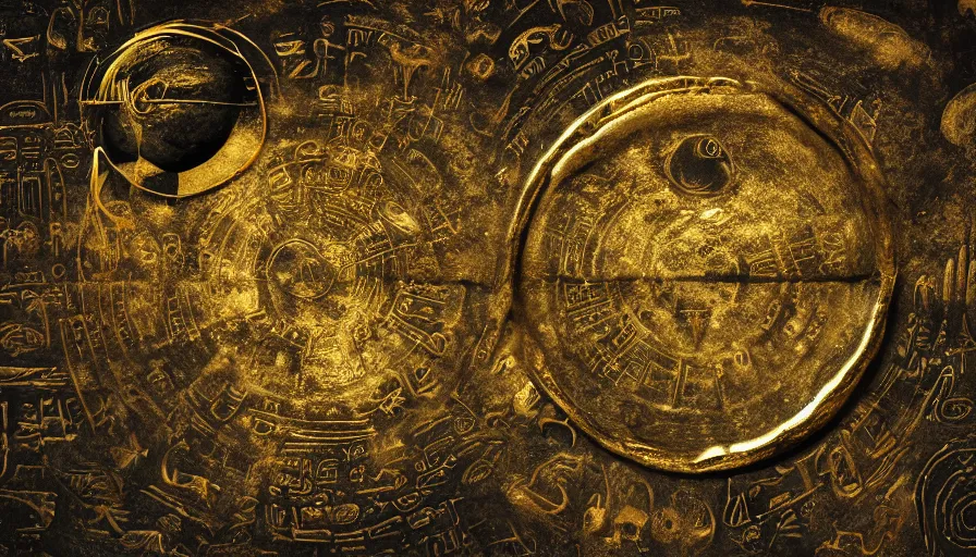 Prompt: hieroglyphs showing ufos alien planets, gold plate render, various refining techniques, micro macro auto focus, top photography photo art gallery, realistic photo, insane detail