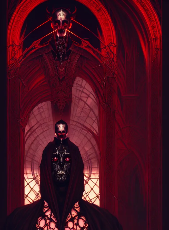 Image similar to symmetry!! portrait of a demonic man, gothic outfit, blood colored glowing lights!! evil atmosphere, intricate, elegant, highly detailed, digital painting, artstation, symmetric concept art, smooth, sharp focus, illustration, art by artgerm and greg rutkowski and alphonse mucha, 8 k