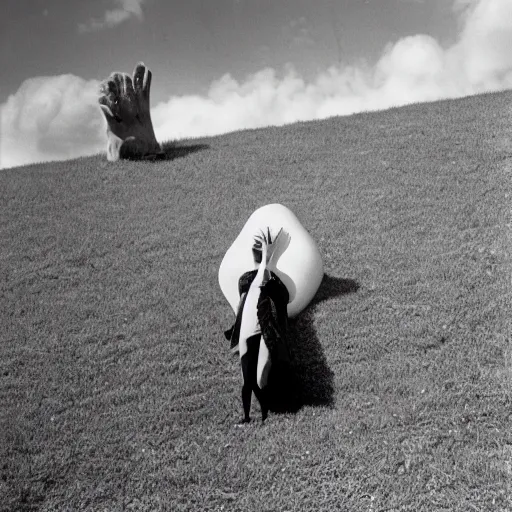 Image similar to woman with an inflatable nose, long snout, long inflatable arms, in the hillside, 1974 fellini, archival footage, technicolor film