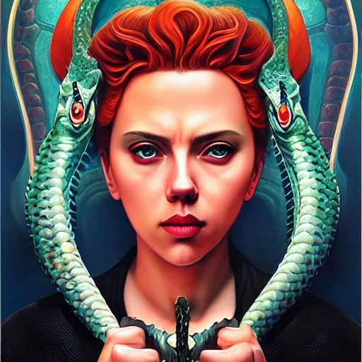 Prompt: lofi female demon portrait of scarlett johansson, fire and flame, big long hell serpent dragon, Pixar style, by Tristan Eaton Stanley Artgerm and Tom Bagshaw.