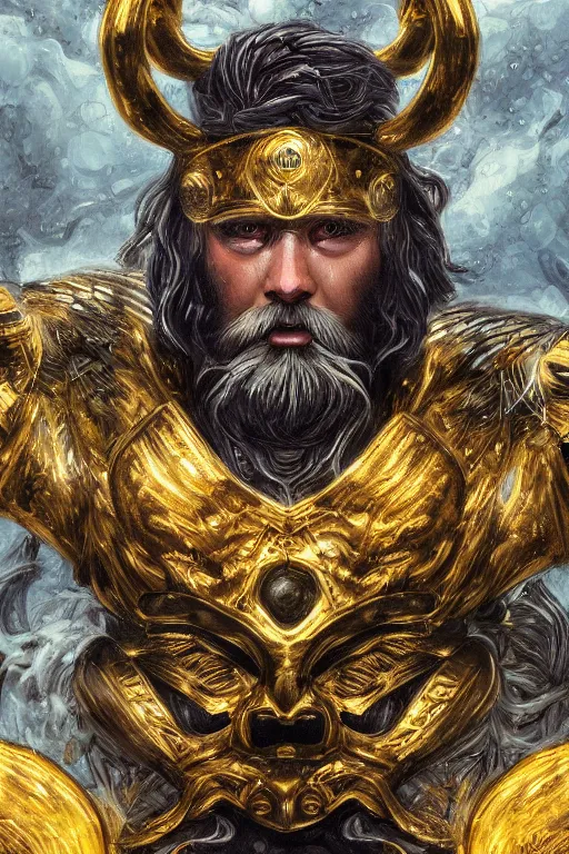 Image similar to mythological odin all father god of thunder and artificial intelligence creating himself with an artificial neural network with gold synapses, high resolution, award winning art, trending on art station, sharp image, incredibly detailed, detailed character realistic painting