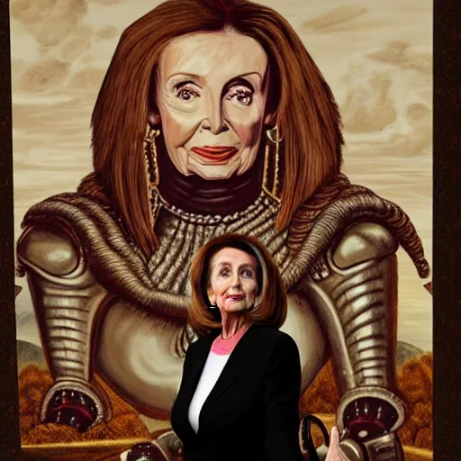 Prompt: painting of nancy pelosi standing in front of 1 6 th century backdrop. she looks like vigo the carpathian wearing armor. patina on armor. she ominously stares forward. she looks like a brutal warlord. hand on hip, arm resting on large stone. sepia toned. dramatic lighting. painting by lou police for ghostbusters 2.