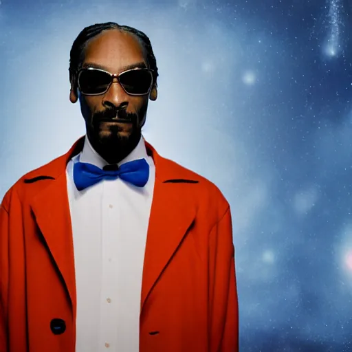 Image similar to snoop dogg as a young man with a beard in a dark blue trenchcoat with an orange bowtie as the new doctor who, cinematic, volumetric lighting, f 8 aperture, cinematic eastman 5 3 8 4 film, photorealistic