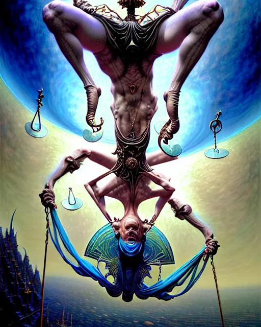 Image similar to man hanging upside down tarot card, fantasy character portrait made of fractals, ultra realistic, wide angle, intricate details, the fifth element artifacts, highly detailed by peter mohrbacher, hajime sorayama, wayne barlowe, boris vallejo, aaron horkey, gaston bussiere, craig mullins