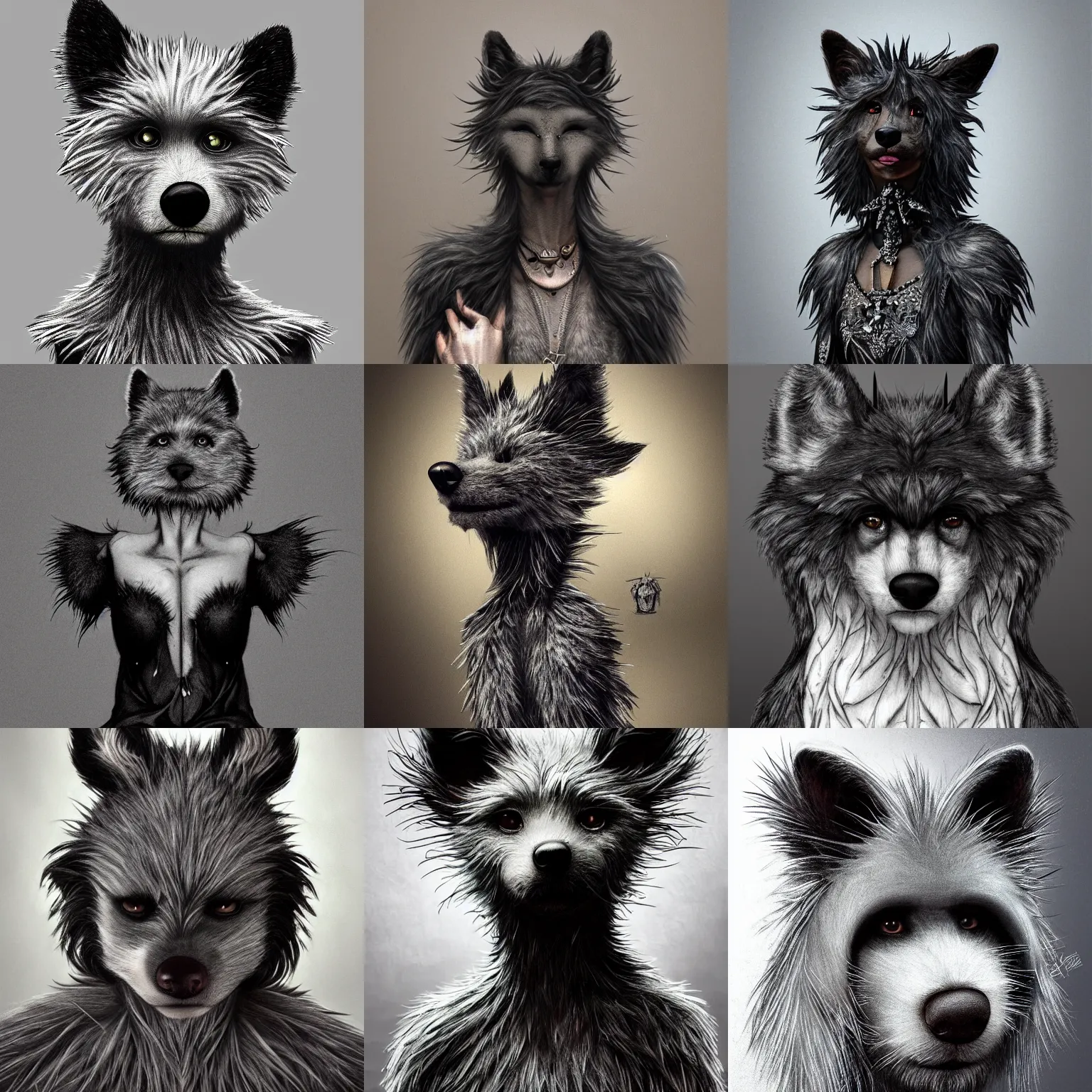 Image similar to a photograpic full body portrait of a anthropomorphic grey furry dog wearing casual black clothes, black spikey hair, grey skin, floppy ears, furry character, fursona, fantasy, intricate, elegant, highly detailed, digital painting, artstation, smooth, sharp focus, illustration, art by artgerm and H R Giger and alphonse mucha