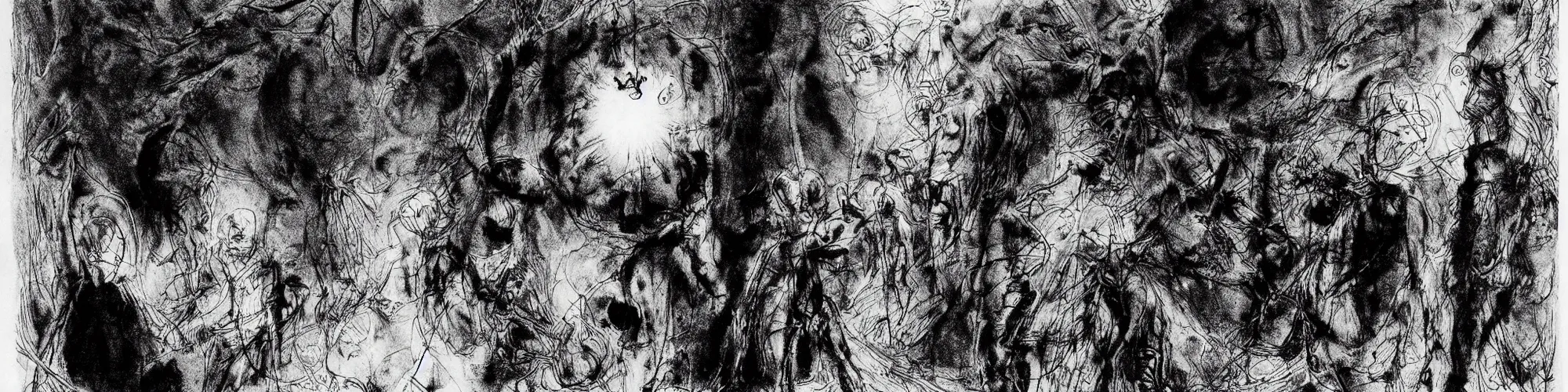 Image similar to dawn of creation ; first atom ; beings of darkness ; ethereal plane. extremely dark image. complete blackness. black and gray low - contrast image. illustrated by maurice sendak and stephen gammell and junji ito and dr seuss and tsutomu nihei