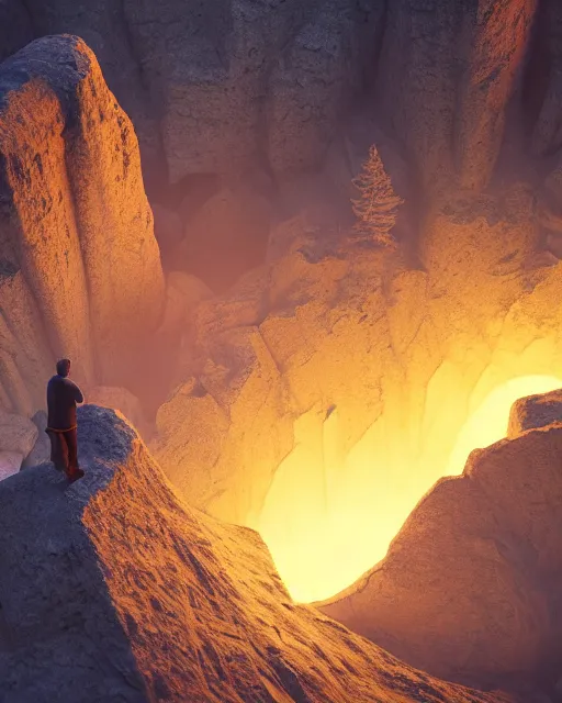 Image similar to a man standing in the middle of a mountain looking at a glowy shape, a render by filip hodas, behance contest winner, environmental art, rendered in cinema 4 d, volumetric lighting