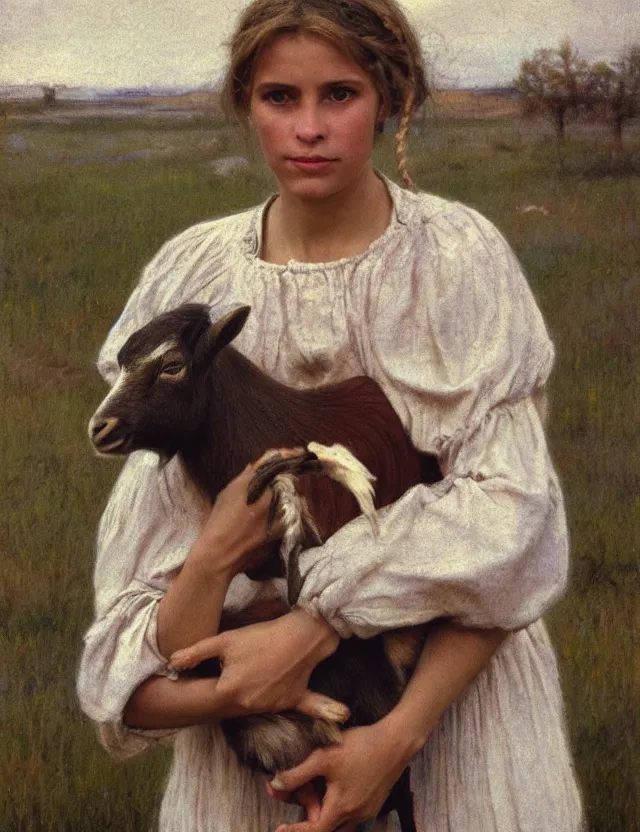 Image similar to portrait of peasant girl holding goat in her hands, cottage core, cinematic focus, polaroid photo bleached vintage pastel colors high - key lighting, soft lights, foggy, by steve hanks, by lisa yuskavage, by serov valentin, by tarkovsky, 8 k render, detailed, oil on canvas