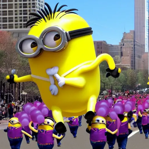 Prompt: minion macys parade thanks giving day balloon float realistic photo