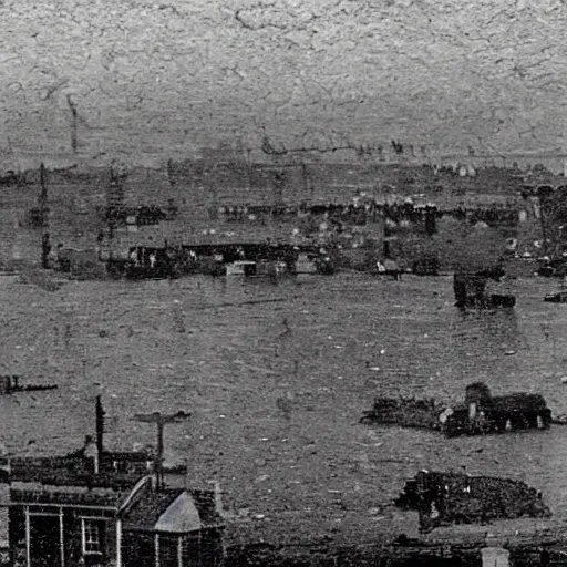 Image similar to grainy 1800s photo of a city submerged in mud