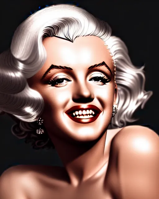 Image similar to Beautiful Head and shoulders portrait of smiling flirty seductive Marilyn monroe with platinum blonde hair, wearing a camisole by arney freytag, artstation, 35mm, fashion photoshoot, photo studio, golden hour, bokeh, rim lighting, fashion pose, octane, 4k