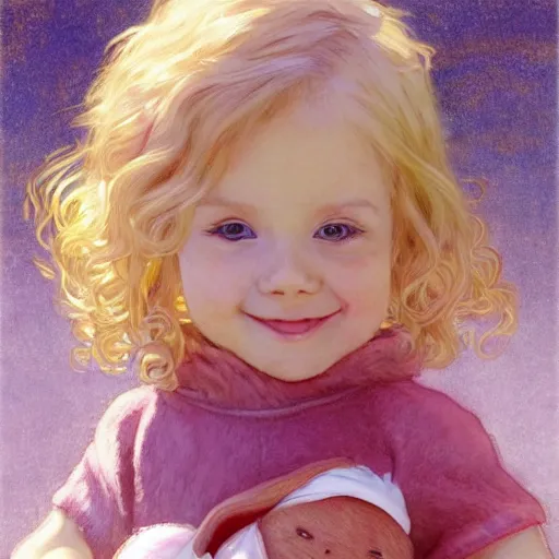 Image similar to a beautiful [[[smiling]]] little blonde toddler girl with short loosely curly hair, at the park on a beautiful day, holding a round all-pink stuffed penguin, by Artgerm, Mucha Klimt, Hiroshi Yoshida and Craig Mullins, featured on Artstation, CGSociety, Behance HD, Deviantart