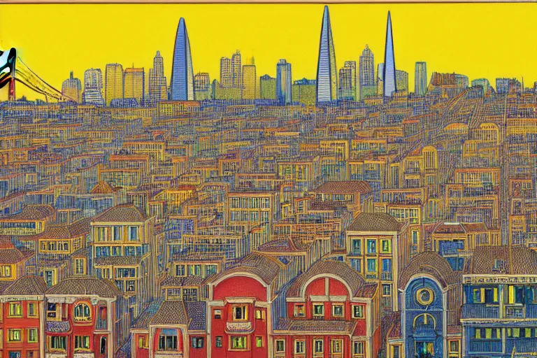 Prompt: a realistic San-Francisco cityscape, from the roof, tall terrace, hills, Golden Gate, houses, parks, and hell bursting by Louis Wain (1920), golden ratio, sharp linework, clean strokes, sharp edges, flat colors, cell shaded by moebius, Jean Giraud, trending on artstation