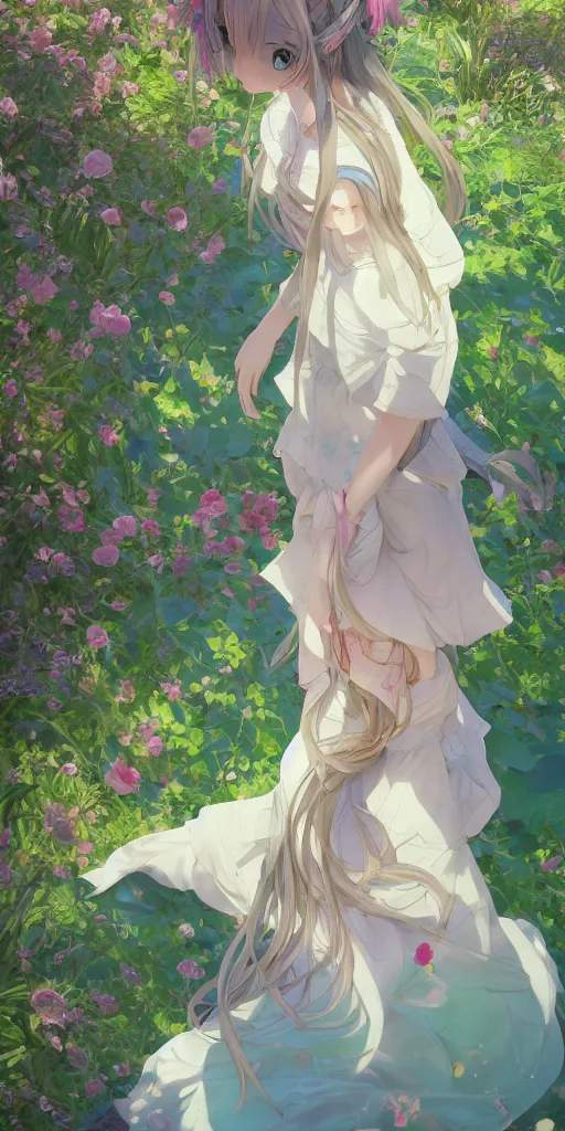 Image similar to a digital art of a loli with long hair in a dress, privet garden, after noon, green and blue and warm theme, back lighting, highly detailed, 4 k resolution, trending on art station, elegant, depressed, melancholic, by krenz cushart and mucha and akihito yoshida and greg rutkowski and makoto shinkai