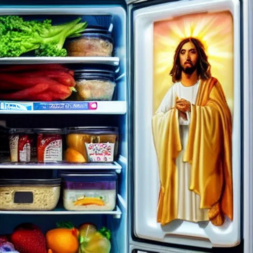 Image similar to Jesus hiding in the fridge, judging your eating habits