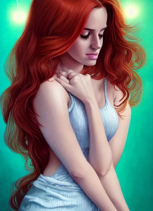 Image similar to full body portrait of teenage cheryl blossom, bangs, green eyes, mischievous expression, red hair, sultry smirk, bangs and wavy hair, 1 9 8 0 s, intricate, elegant, glowing lights, highly detailed, digital painting, artstation, concept art, smooth, sharp focus, illustration, art by wlop, mars ravelo and greg rutkowski