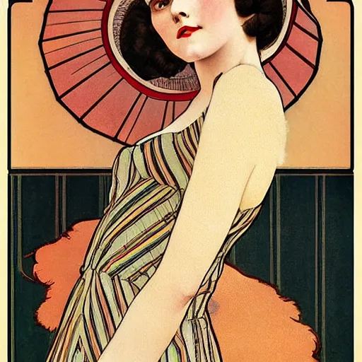 Image similar to a beautiful woman in striped nylons, art by coles phillips, mucha,