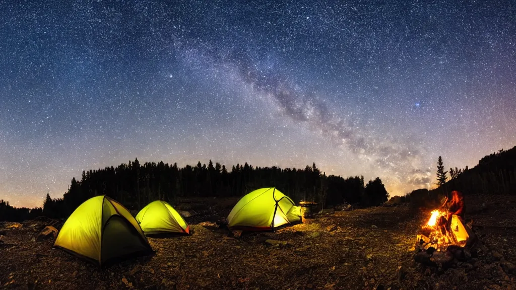 Image similar to camping out in the middle of nature, tents in the background, starry sky, night time, dark, milky way, campfire, highly detailed, 4 k