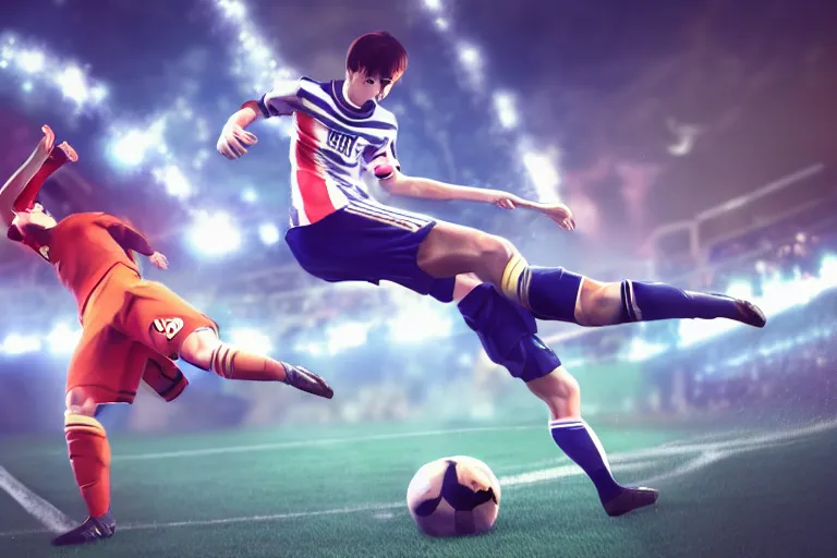 Image similar to anime soccer player scores goal with high kick, hyper realism, octane render