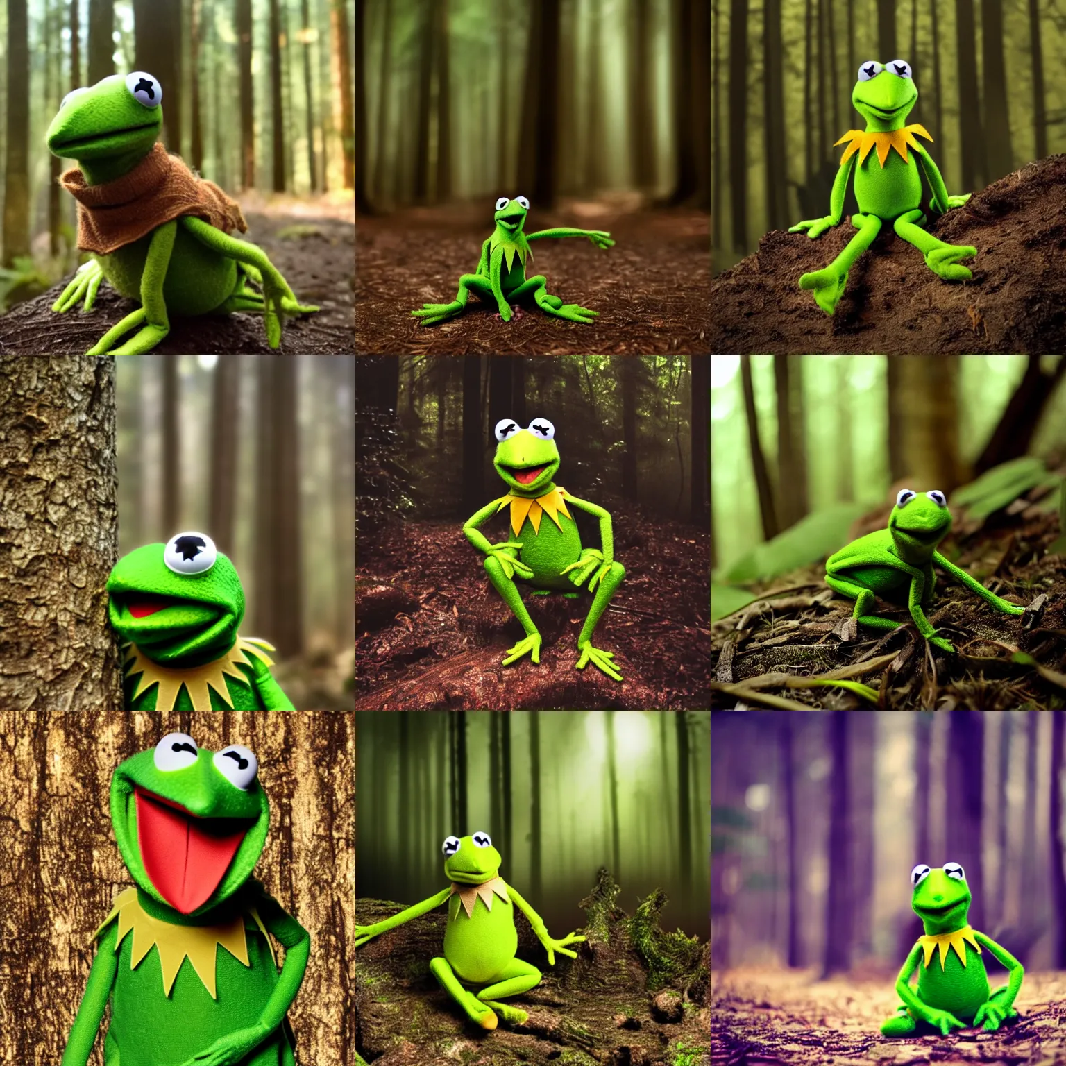 Prompt: photo of kermit the frog in the forest. obscurity. dark background. blury. flash.