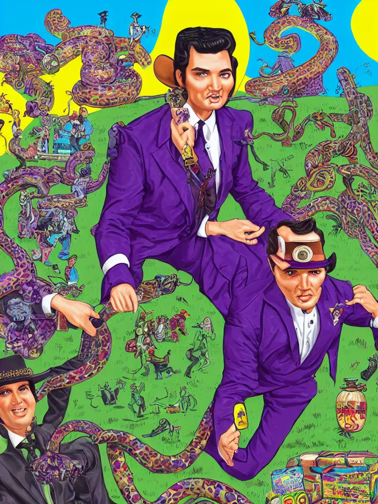 Image similar to long shot full body portrait of professional wrestling salesman elvis presley johnny cash cowboy snakeoil salesman wearing oversized cowboy hat with curly moustache and anthropomorphic purple snakeskin business suit, pictured in front of a green screen selling locomotive petroleum snake oil eggs bottled in faberge briefcases from the distant future, portrait art by lisa frank and basil wolverton