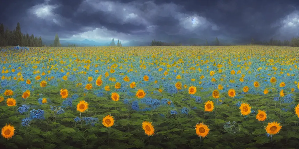 Image similar to A narrow dirt path through a field of blue sunflowers, game art matte painting hyperdetailed, artstation, cgsociety, 8k, surreal dream landscape