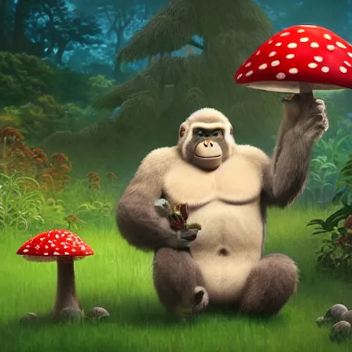 Image similar to a wholesome animation key shot of a small gorilla holding a amanita muscaria, chilled out smirk on face, listening to music, jeep in background, studio ghibli, pixar and disney animation, sharp, rendered in unreal engine 5, anime key art by greg rutkowski, bloom, dramatic lighting