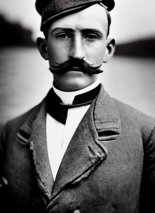 Prompt: close up portrait of a young edwardian naval officer standing on the deck of a ship, male, edwardian, formal, detailed face, deep focus, movie still, dramatic lighting, ray tracing, by hendrik kerstens and paolo roversi