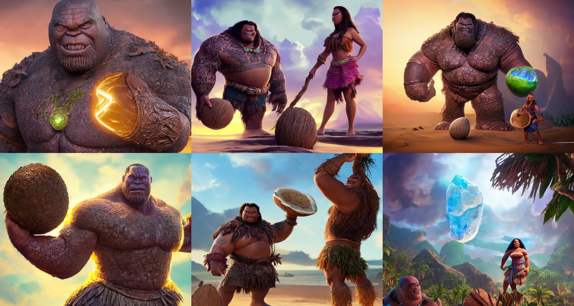 Prompt: ultrarealistic fantasy portrait giant moana thanos holding a brown coconut wearing thanos armor with intricate details by pixar, fantasy character octane render, substance painter, cinematic lighting, volumetric lighting, artstation, dnd art, cgsociety, sharp focus, digital painting by jim starlin