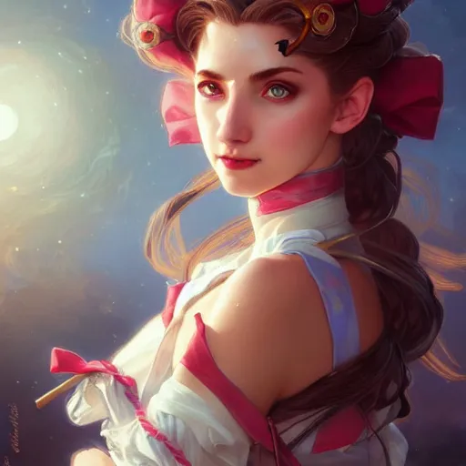 Prompt: Emily Rudd as Sailor Moon, western, D&D, fantasy, intricate, elegant, highly detailed, digital painting, artstation, concept art, matte, sharp focus, illustration, art by Artgerm and Greg Rutkowski and Alphonse Mucha