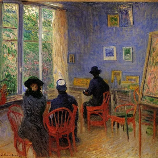 Prompt: a crowded french artist studio with rain outside by monet, 1915