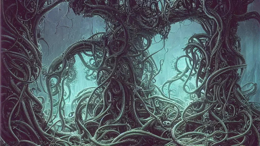 Image similar to soviet submarine destroyed by cthulhu, dunwitch horror, ornate tentacles growing around, ornamentation, thorns, vines, tentacles, elegant, beautifully soft lit, full frame, 8 k by wayne barlowe, peter mohrbacher, kelly mckernan, h r giger