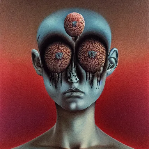 Image similar to dramatic portrait painting of woman with black mandelbrot fractal instead of face, in style of zdzisław beksinski, horror, body horror, dark, disturbing,